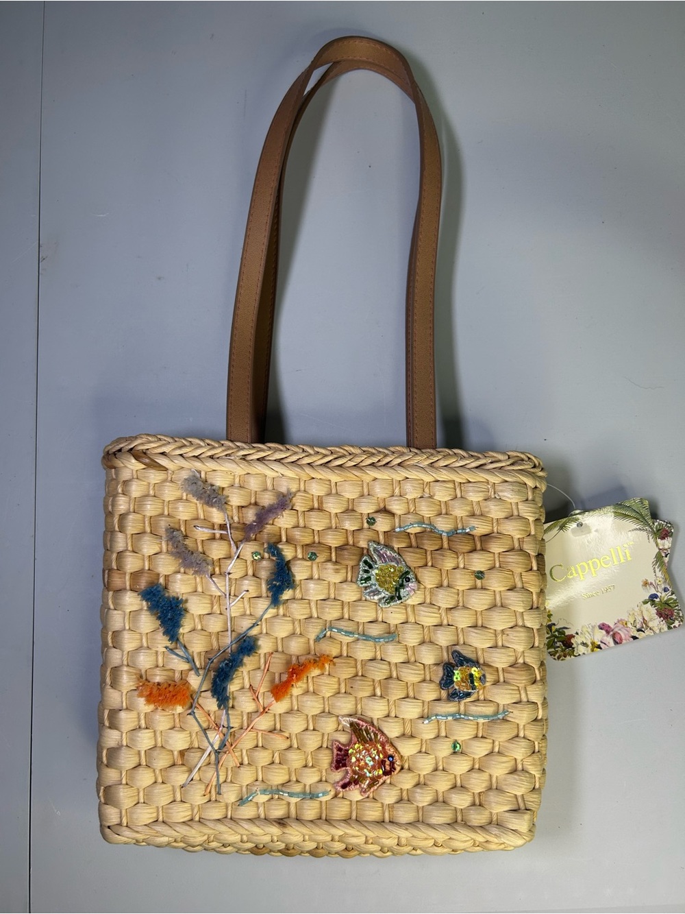 Cappelli Straworld Woven Straw Fish Sequin Shoulder Bag Coastal Beach Tote